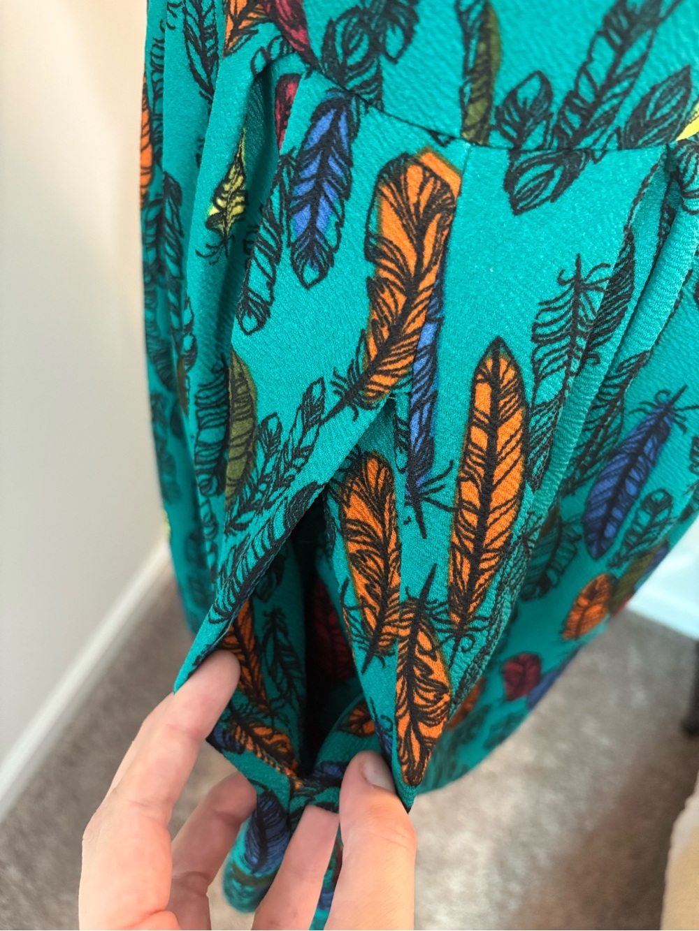 Teal Feather-Print Fit & Flare Dress - Picture 5 of 9